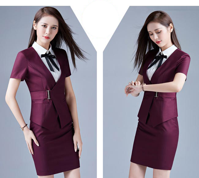 紫色款專(zhuān)柜營(yíng)業(yè)員工作服模特展示圖二