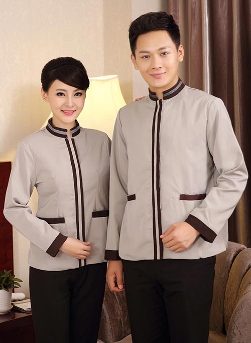 杏色男、女式長(zhǎng)袖保潔工作服定做款式